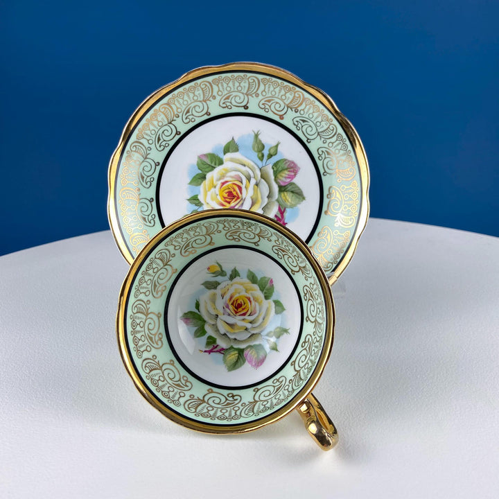 Mint Green Cup and Saucer. Regency English Porcelain. Stunning Hand-Painted White Rose Motif.  Dining Room Decor. Vintage Gift for Tea Lover