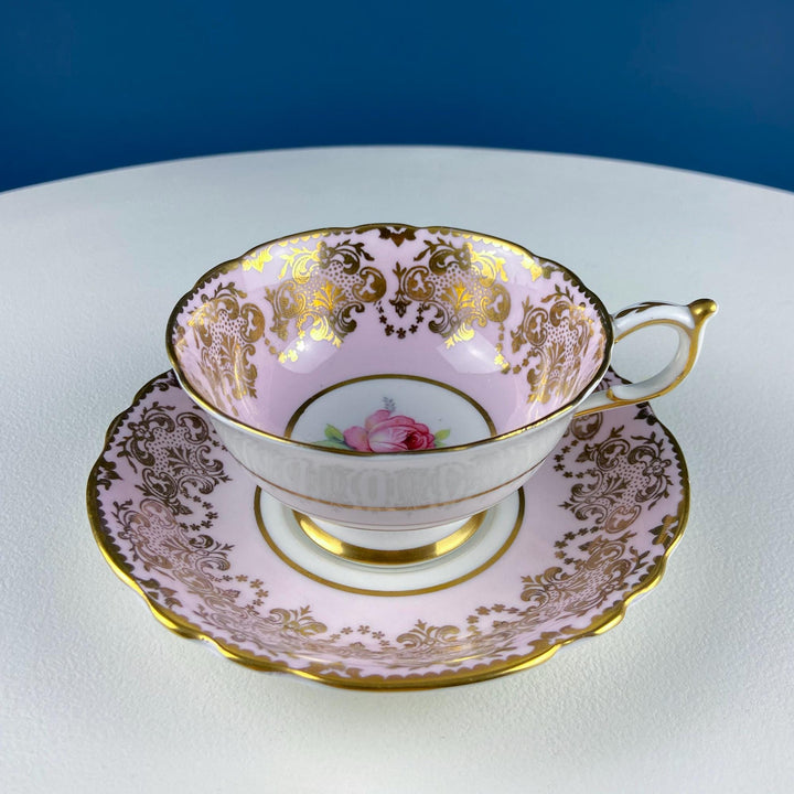 Vintage Paragon Pink Tea Coffee Cup & Saucer. Red Rose Motif and Gold Floral Border. Collectible Dining Room Decor. Gift for Him or Her.