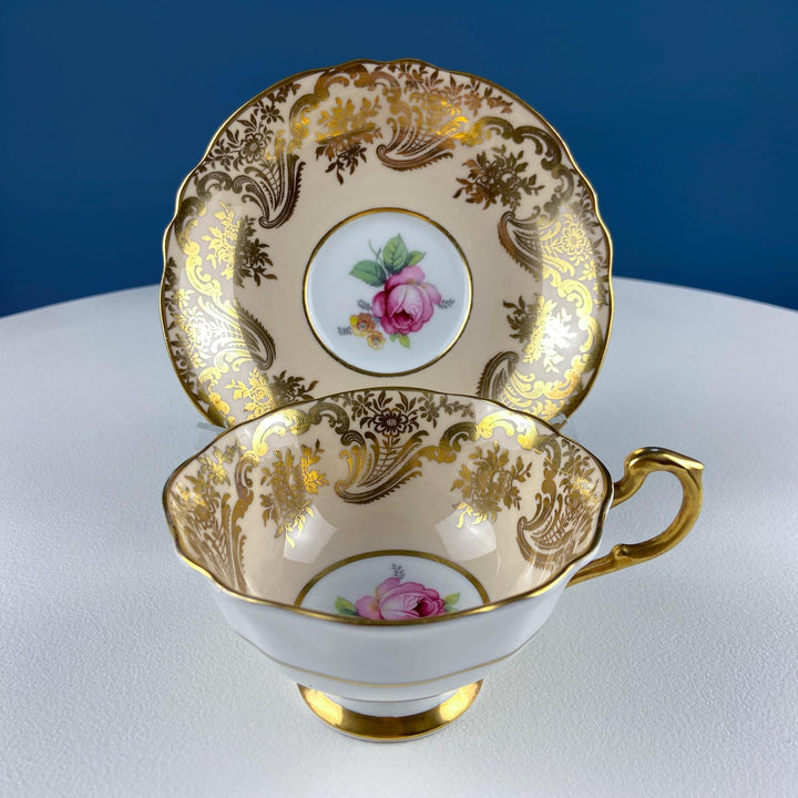 Vintage Paragon Peach Tea Coffee Cup & Saucer. Red Rose Motif and Gold Floral Border. Collectible Dining Room Decor. Gift for Him or Her.