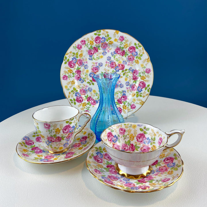 Vintage Collection of 2 Tea or Coffee Cups & Saucers. Stafford June Roses. 8" Dessert Plate and Blue Glass Vase. Tea for 2. Breakfast in Bed