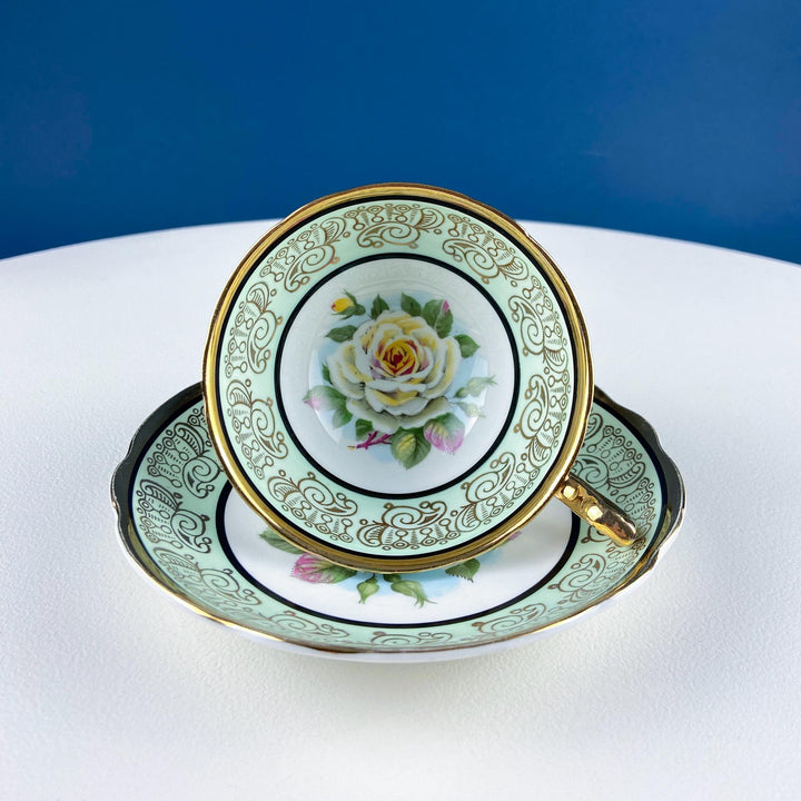 Mint Green Cup and Saucer. Regency English Porcelain. Stunning Hand-Painted White Rose Motif.  Dining Room Decor. Vintage Gift for Tea Lover