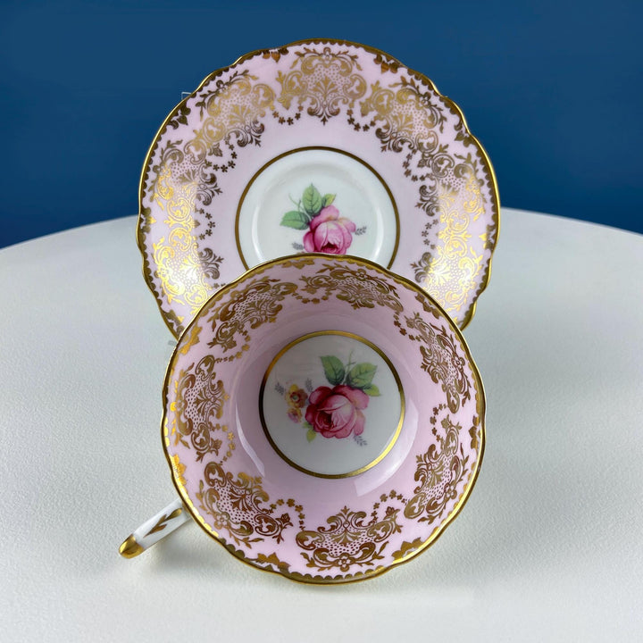 Vintage Paragon Pink Tea Coffee Cup & Saucer. Red Rose Motif and Gold Floral Border. Collectible Dining Room Decor. Gift for Him or Her.