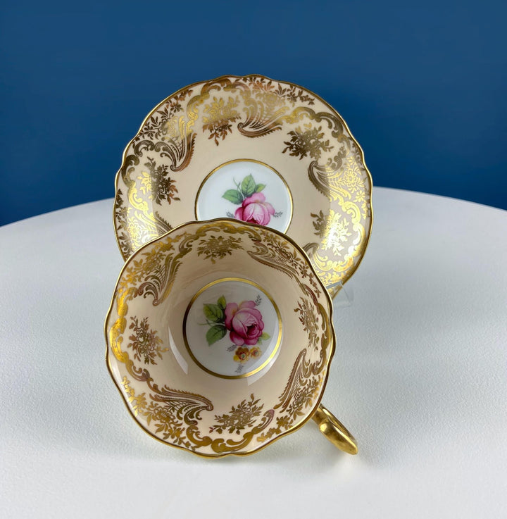 Vintage Paragon Peach Tea Coffee Cup & Saucer. Red Rose Motif and Gold Floral Border. Collectible Dining Room Decor. Gift for Him or Her.