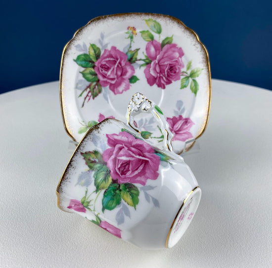 Square Tea or Coffee Cup with Bold Pink Roses and Floral Handle. Royal Stafford Berkeley Rose. Gift for a Romantic in Your Life.