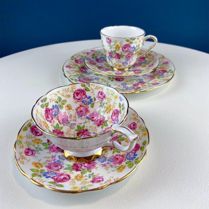 Vintage Collection of 2 Tea or Coffee Cups & Saucers. Stafford June Roses. 8" Dessert Plate and Blue Glass Vase. Tea for 2. Breakfast in Bed