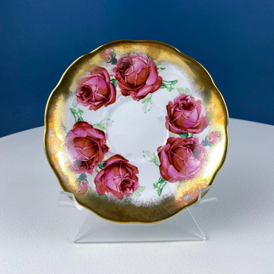 Teacup & Saucer with Large Red Roses and Rich Gold Rim. Queen Anne Fine China. Dining Room Decor. Romantic Gift for Tea Lover, Him or Her.