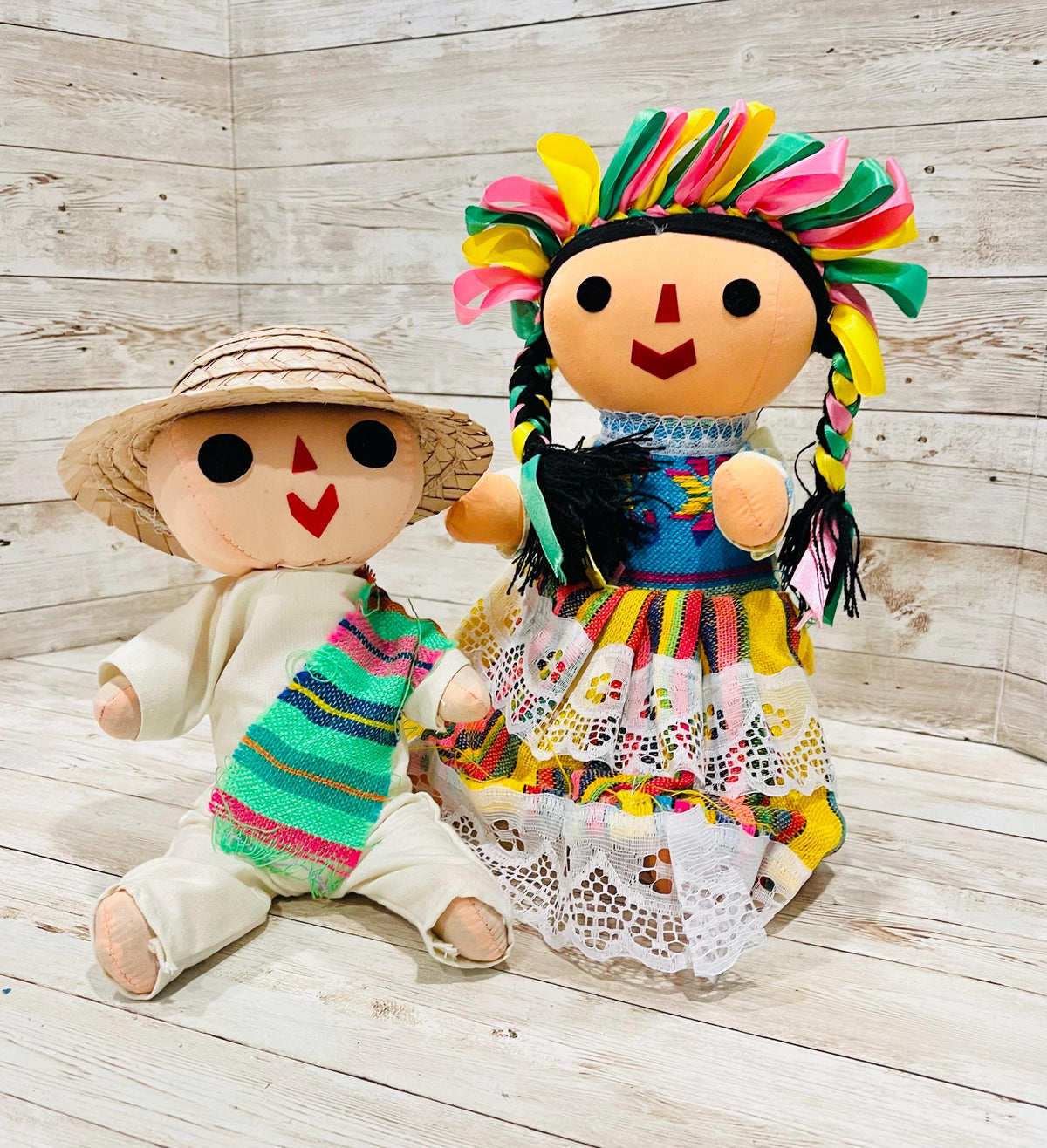 2 Set Rag Mexican Couple Lele Dolls 12 Inches Pareja de Leles Muñecas Artesanales Mexicanas 12 Pulgadas