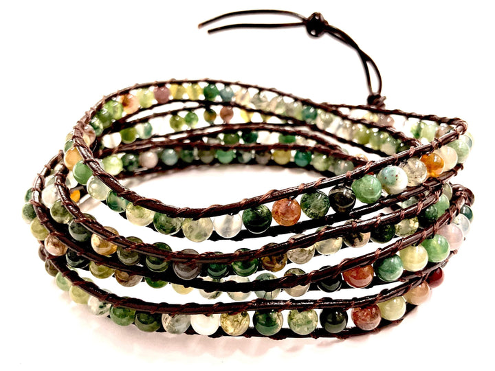 Natural Stone Leather Wrap Bracelet | Boho Southwest Beaded Cuff