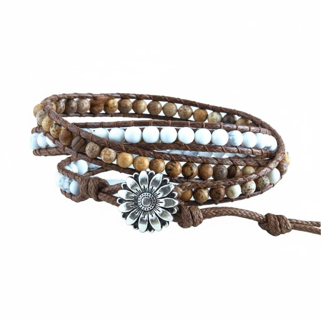 Believe Leather Wrap Bracelet, Southwest Stone Bead Choker