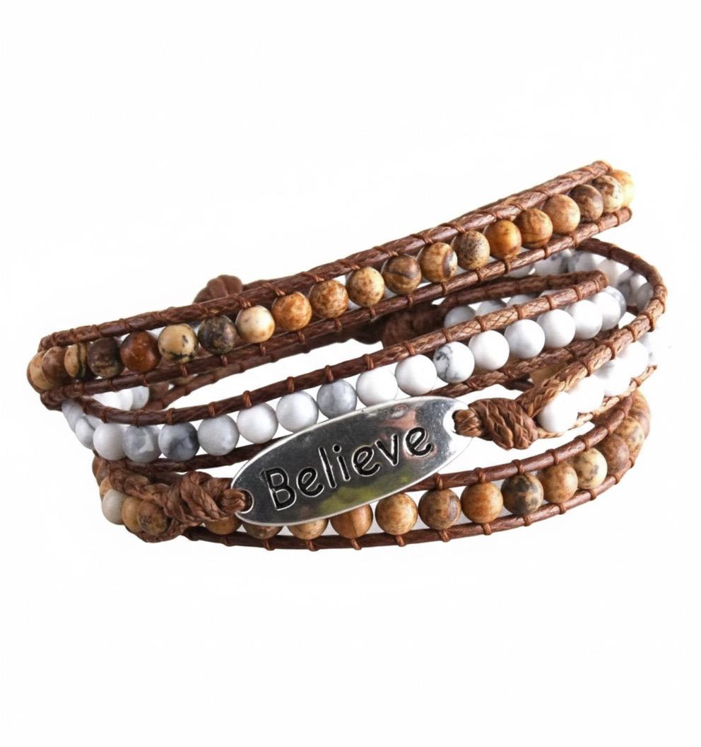 Believe Leather Wrap Bracelet, Southwest Stone Bead Choker