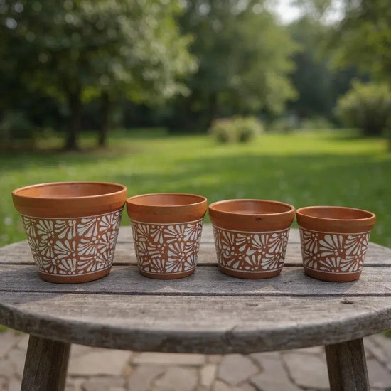 Set of 4 Talavera Flower Pots | Brown & White Terracotta Planters