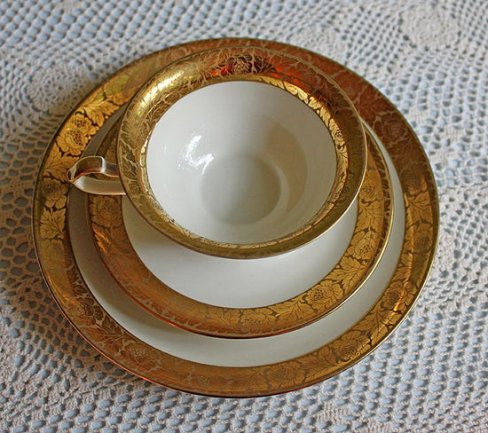Antique Eschenbach Bavarian Porcelain Tea Trio: Gold Floral Cup, Saucer, Plate