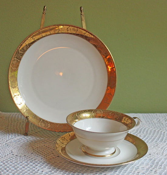 Antique Eschenbach Bavarian Porcelain Tea Trio: Gold Floral Cup, Saucer, Plate