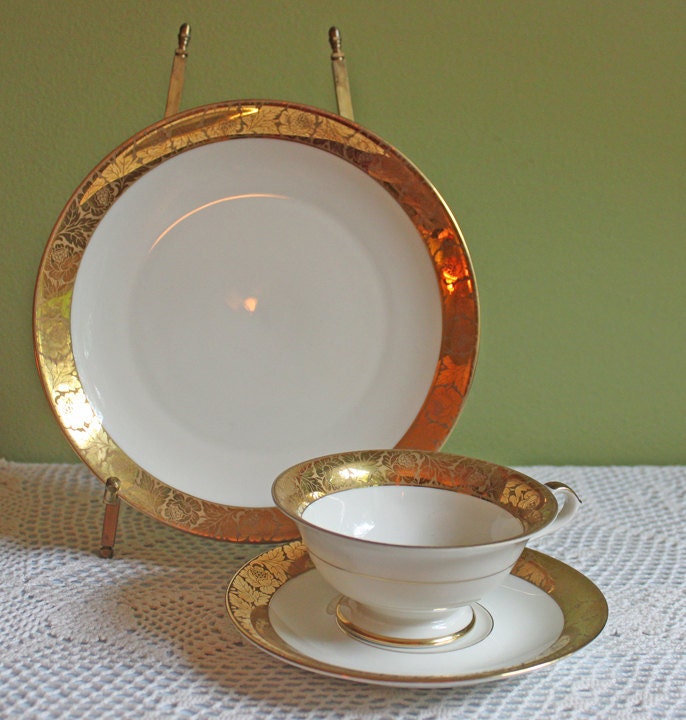 Antique Eschenbach Bavarian Porcelain Tea Trio: Gold Floral Cup, Saucer, Plate
