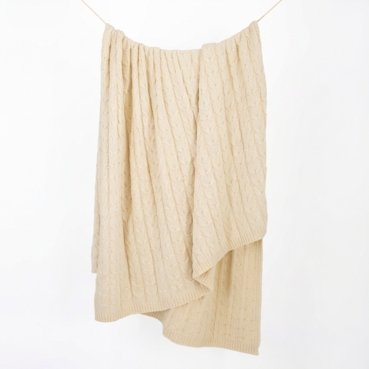 Hand-Finished Undyed Baby Alpaca & Peruvian Pima Cotton Cable Knit Throw Blanket | Ivory | Muru Collection