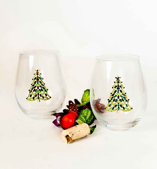 Bedazzled Christmas Tree Stemless Wine Glasses