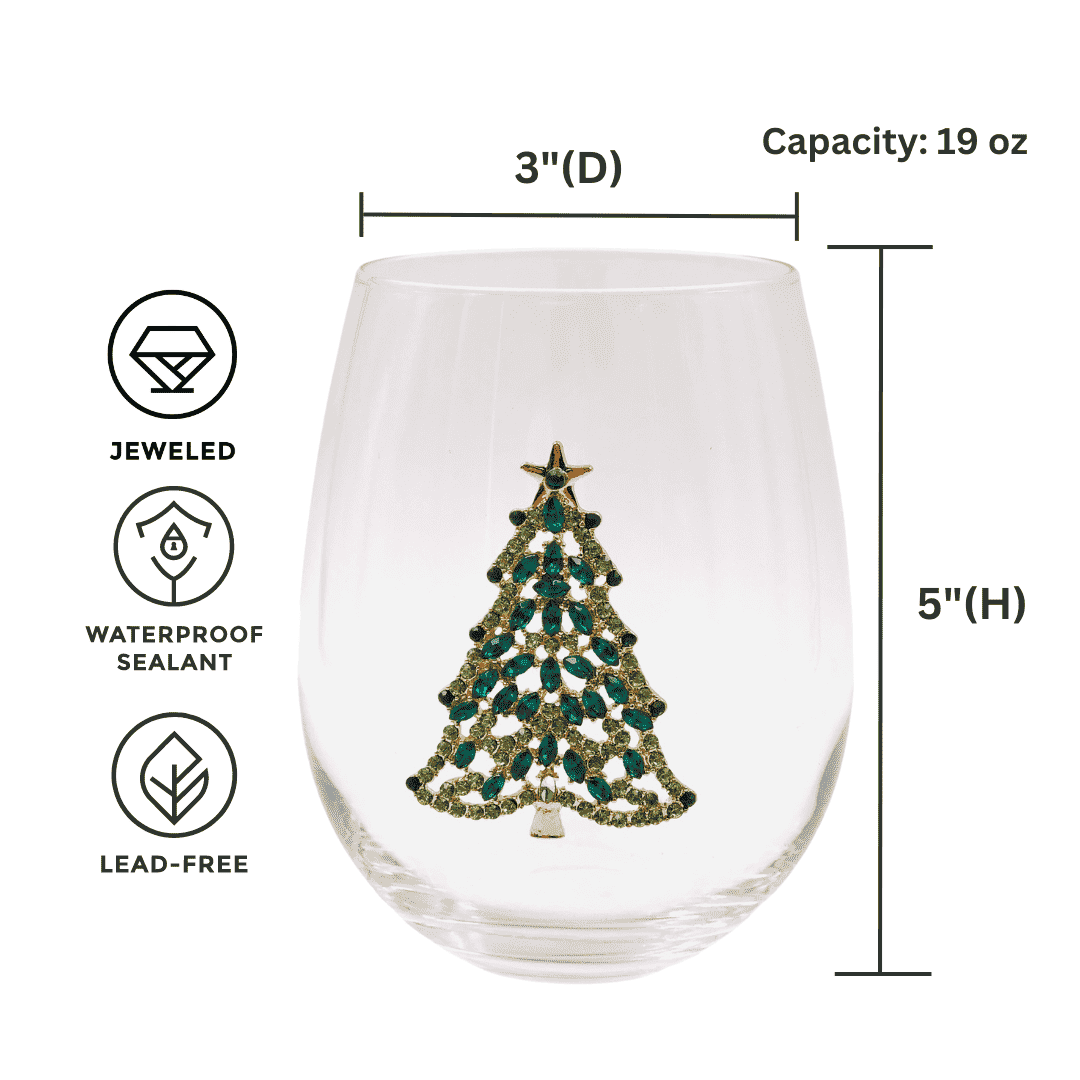 Bedazzled Christmas Tree Stemless Wine Glasses