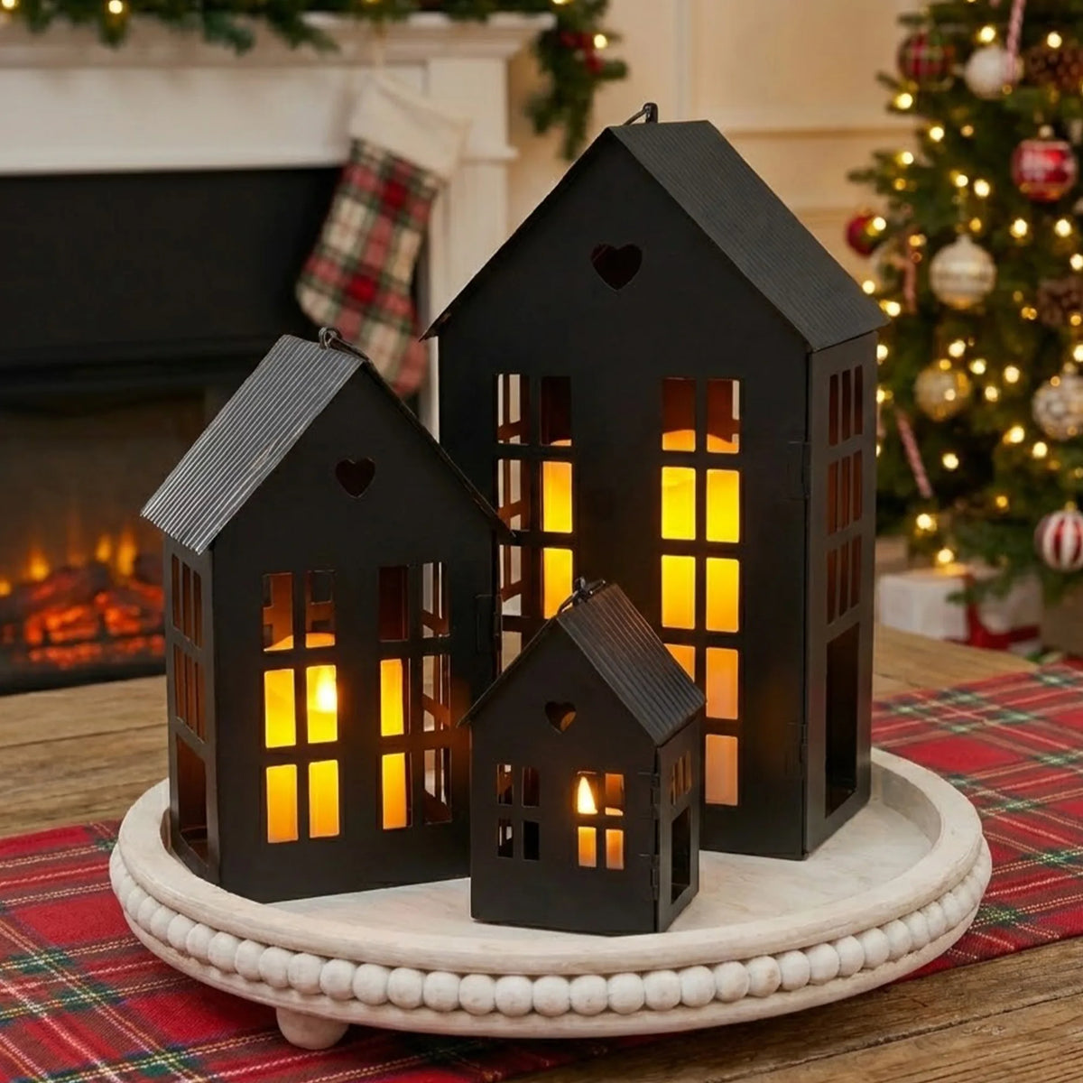 13.5"&9.5"&5.5"H Village Farmhouse House Candle Holders for Home Decor Patio Wedding