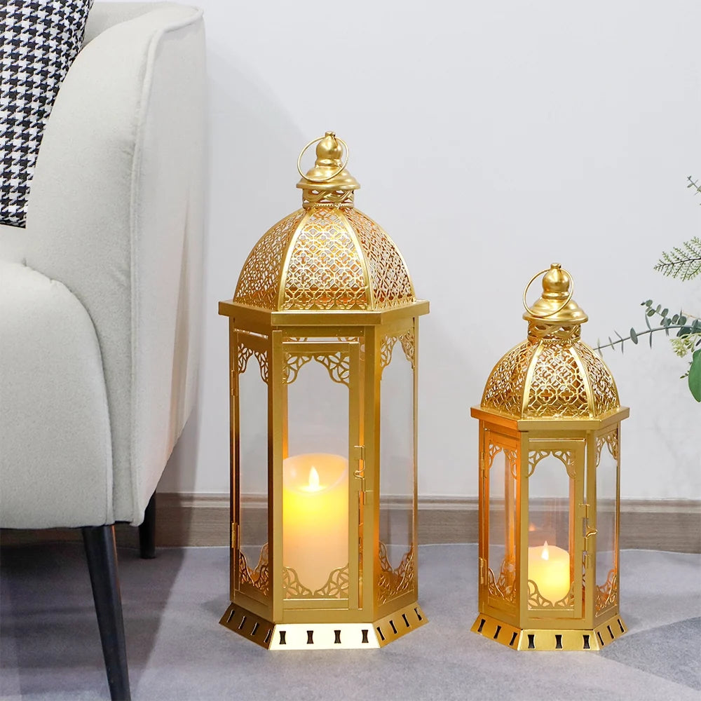 Set of 2-22"&17"H Vintage Metal Candle Lanterns(Grey with Black Brush)