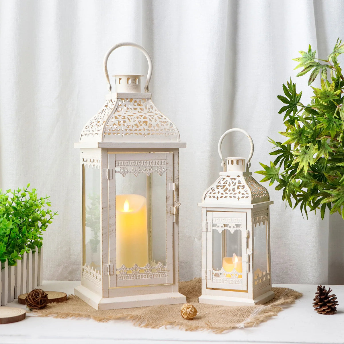 Set of 2 13''&19.5''H Candle Lanterns (Beige Gold Brush)