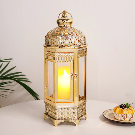 Moroccan Candle Lantern 16'' Gold Hexagonal Candle Holder