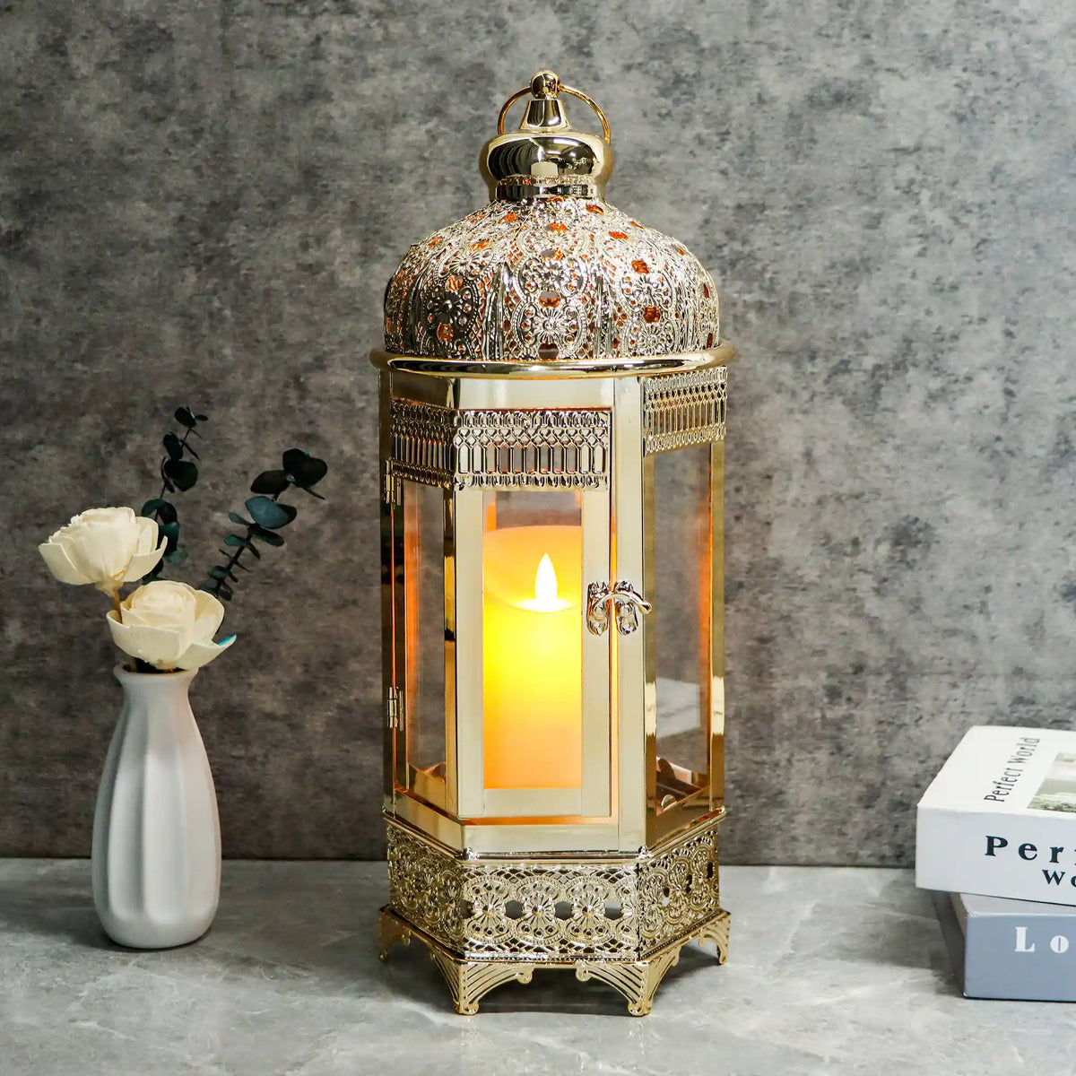 Moroccan Candle Lantern 16'' Gold Hexagonal Candle Holder