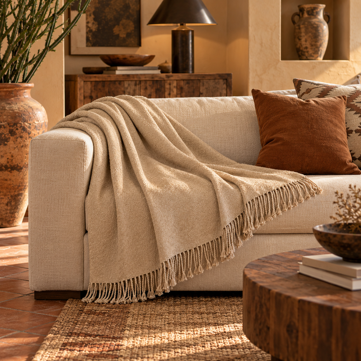 Handloomed Undyed Baby Alpaca & Peruvian Pima Cotton Throw Blanket | Light Tan | Kulsi Collection