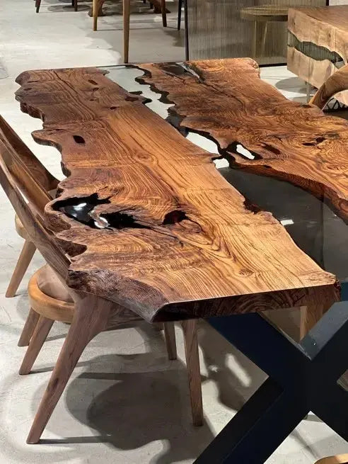 Live Edge, Epoxy Resin River Dining Room Table Made Of Chestnut Wood