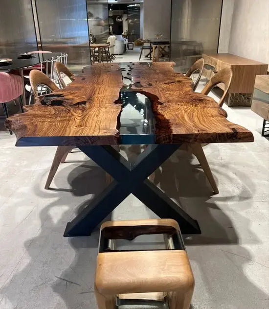 Live Edge, Epoxy Resin River Dining Room Table Made Of Chestnut Wood