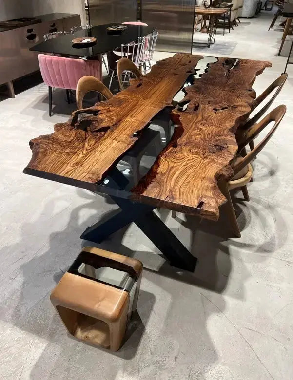 Live Edge, Epoxy Resin River Dining Room Table Made Of Chestnut Wood