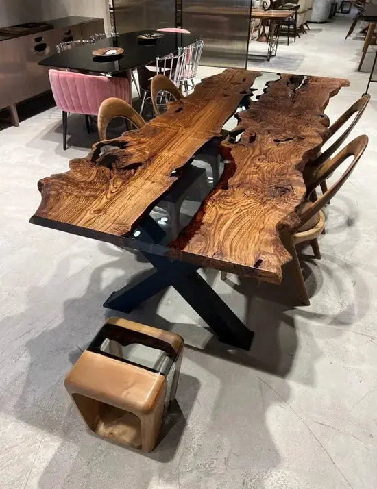 Live Edge, Epoxy Resin River Dining Room Table Made Of Chestnut Wood