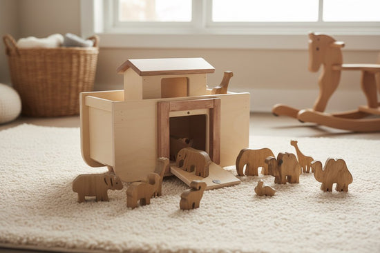 Wooden Noah's Ark Toy with 14 Toy Animals, Amish-Made