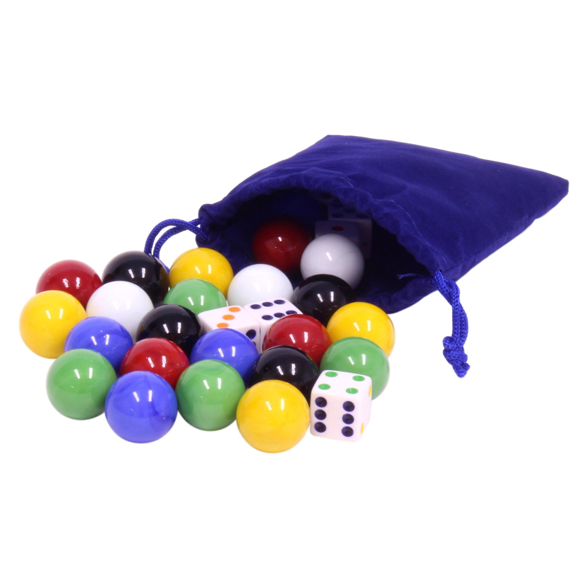 Game Bag of 24 Large Glass 7/8" (22mm Diameter) Marbles and 6 Dice