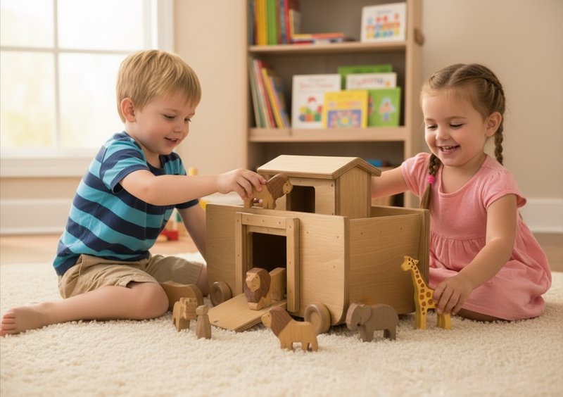 Wooden Noah's Ark Toy with 14 Toy Animals, Amish-Made