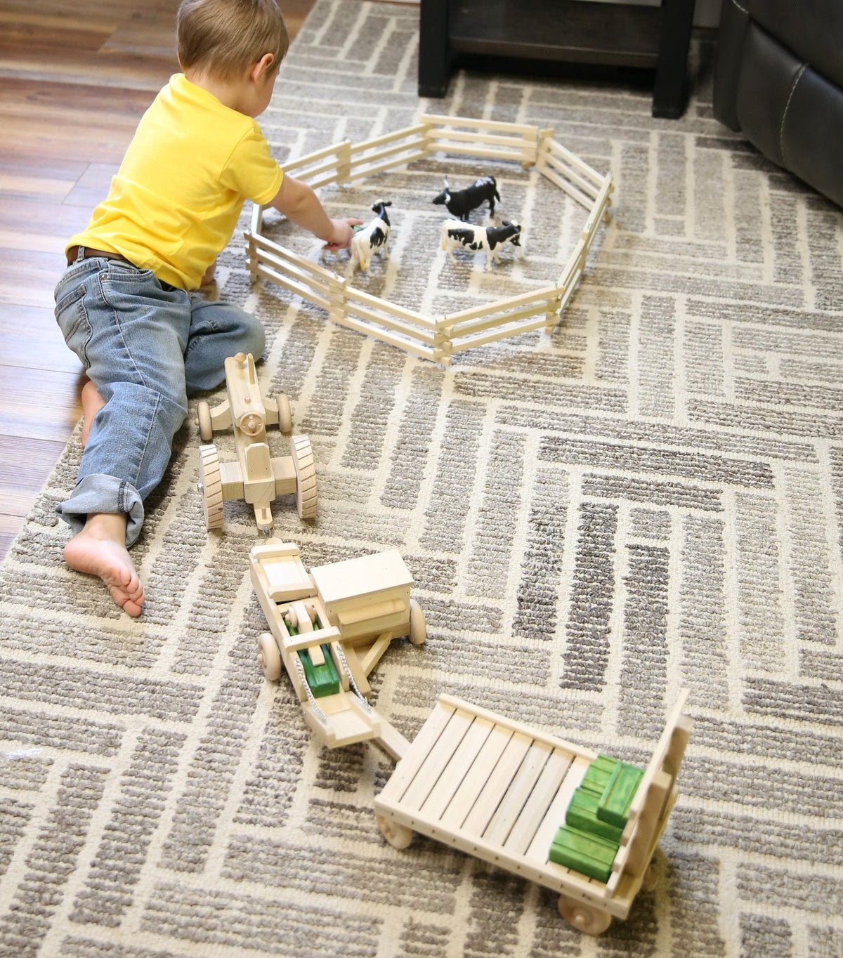 Little Farmer Hay Baling Toy Set - Wooden Toy Tractor, Hay Baler, Hay Wagon and 16 Hay Bales