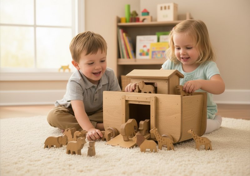 Wooden Noah's Ark Toy with 14 Toy Animals, Amish-Made