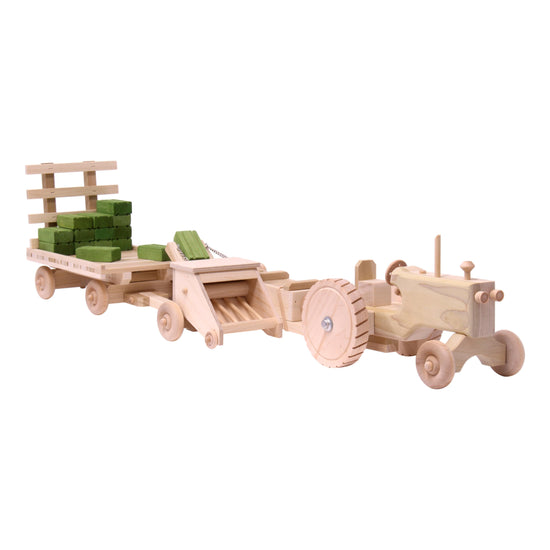 Little Farmer Hay Baling Toy Set - Wooden Toy Tractor, Hay Baler, Hay Wagon and 16 Hay Bales