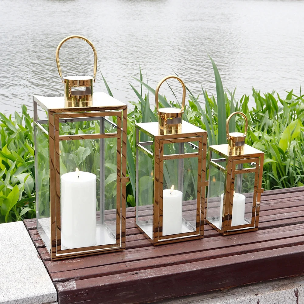 Set of 3 Stainless Steel Lantern  (12/15/19'') -Gold