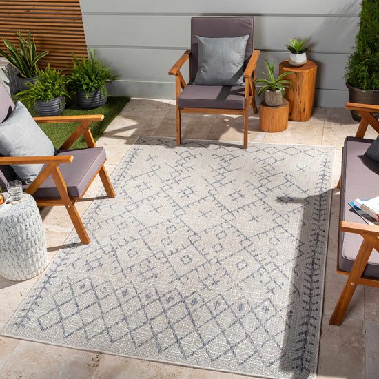 Maunawili Blue Detailed Gray Outdoor Rug - Clearance