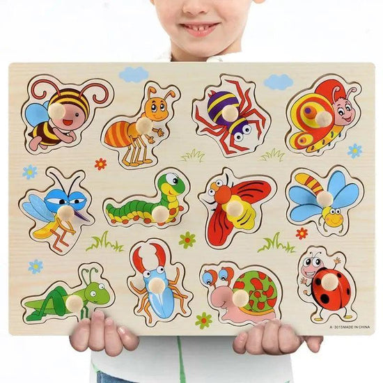 Montessori Wooden Puzzles Hand Grab Boards Toys Tangram Baby Educational Toys Cartoon Vehicle Animals Fruits 3D Puzzles