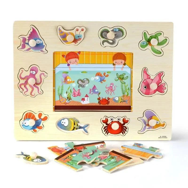 Montessori Wooden Puzzles Hand Grab Boards Toys Tangram Baby Educational Toys Cartoon Vehicle Animals Fruits 3D Puzzles