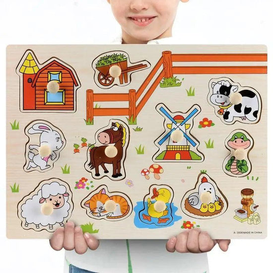 Montessori Wooden Puzzles Hand Grab Boards Toys Tangram Baby Educational Toys Cartoon Vehicle Animals Fruits 3D Puzzles