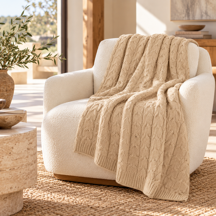 Hand-Finished Undyed Baby Alpaca & Peruvian Pima Cotton Cable Knit Throw Blanket | Light Tan | Muru Collection