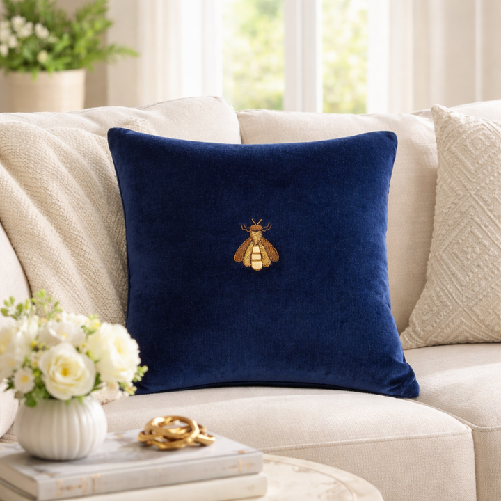 Navy Bee Silk Velvet Throw Pillow Cover, 20 x 20, decorative bee accent for living room