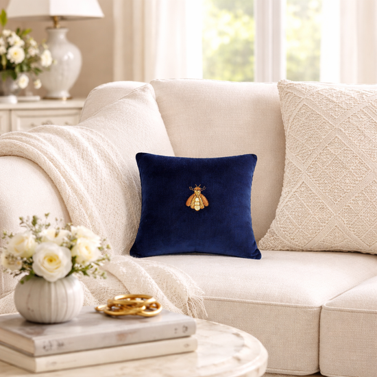 Navy Bee Silk Velvet Throw Pillow Cover, 12 x 12