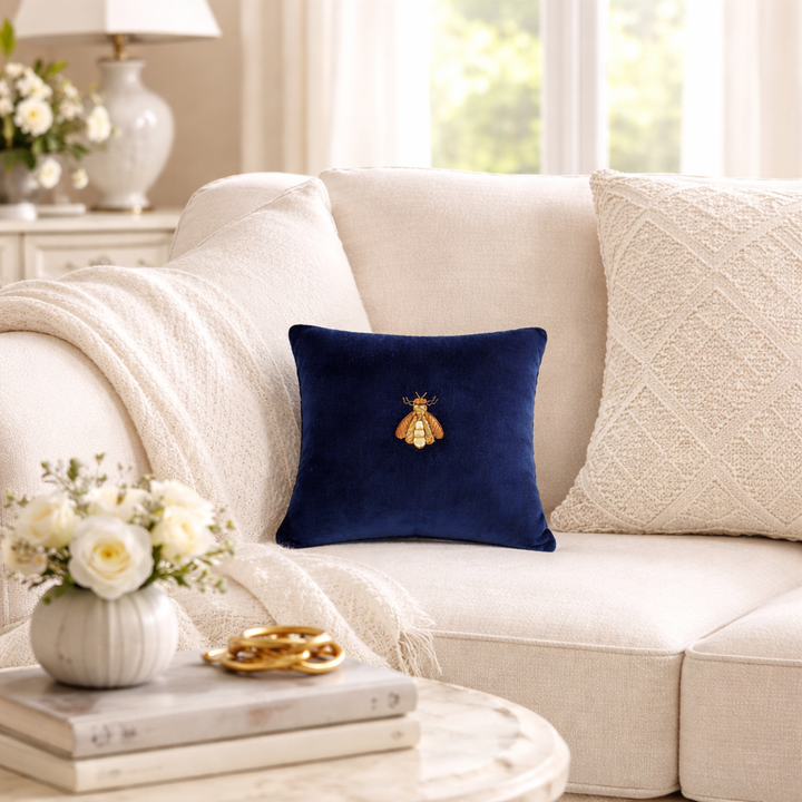 Navy Bee Silk Velvet Throw Pillow Cover, 12 x 12, decorative bee accent for living room