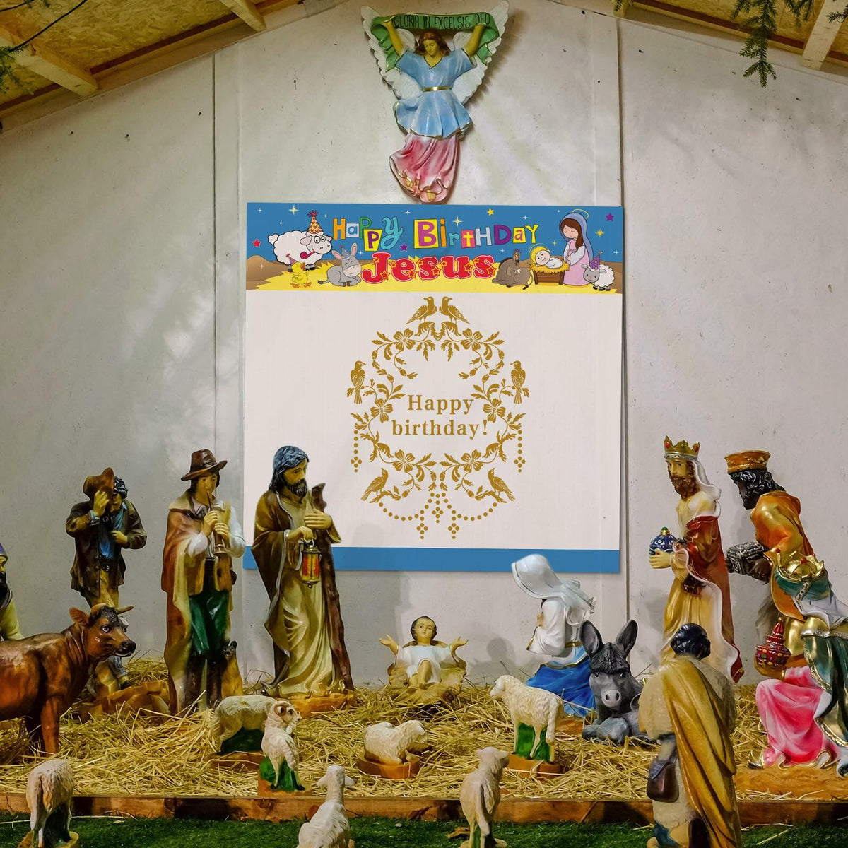 Outus Happy Birthday Jesus Banner Backdrop Christmas Nativity 6x6 ft
