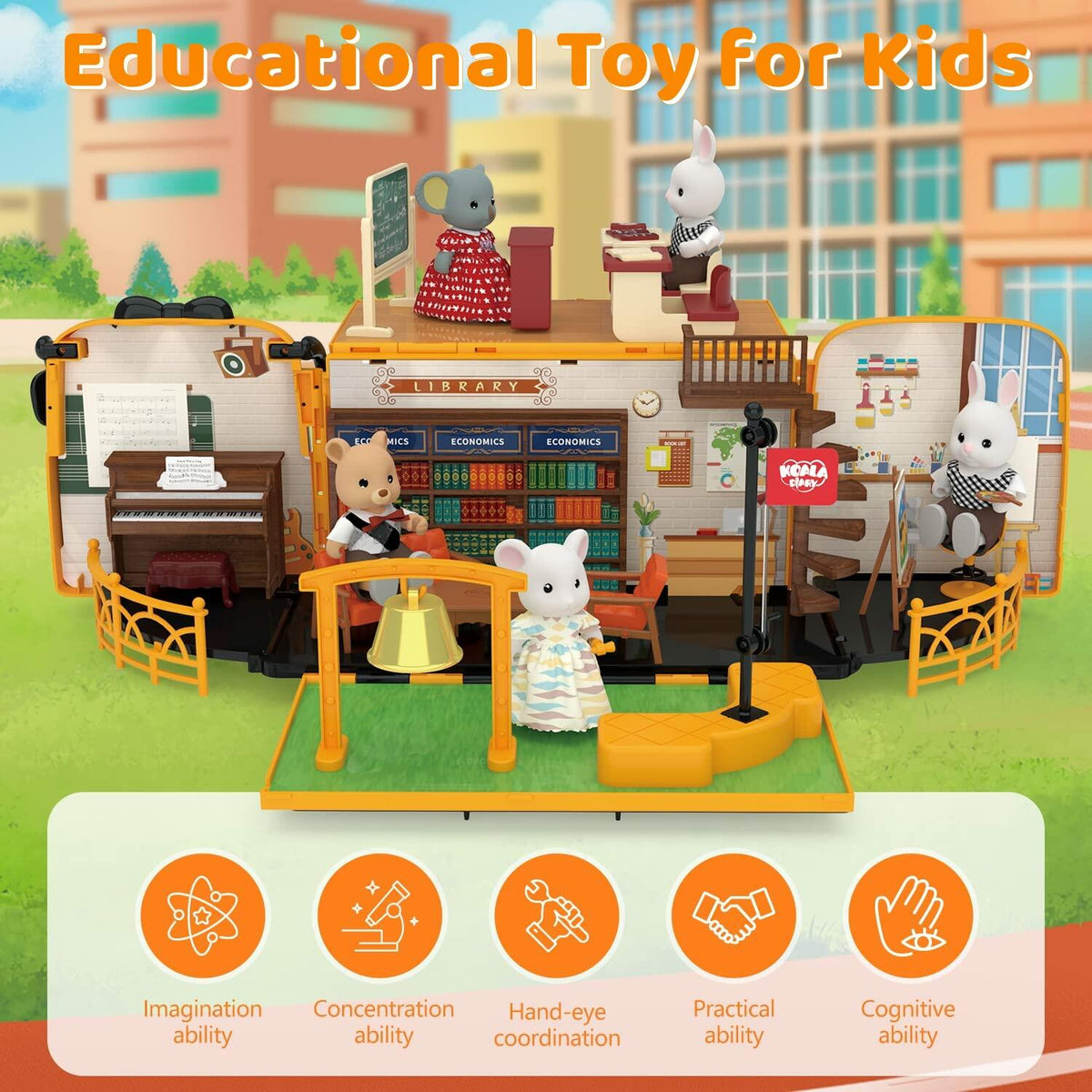 Kids Dollhouse Playset Portable School Bus with 46 Accessories Multicolor