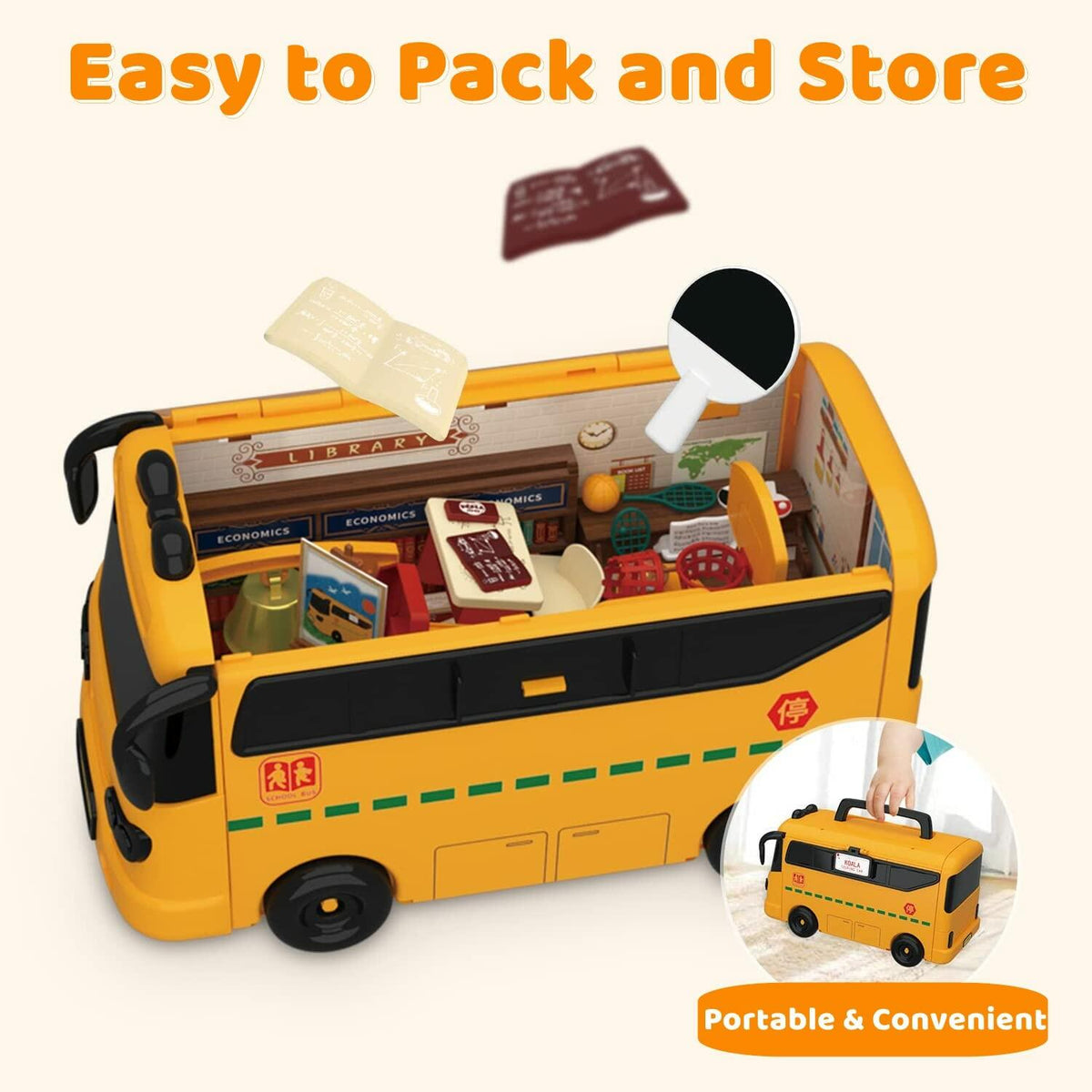Kids Dollhouse Playset Portable School Bus with 46 Accessories Multicolor