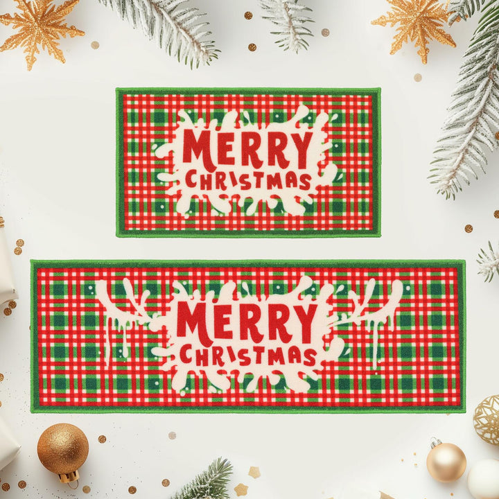 BEQHAUSE Christmas Kitchen Rugs Buffalo Plaid Non Slip Washable 17x30+17x59